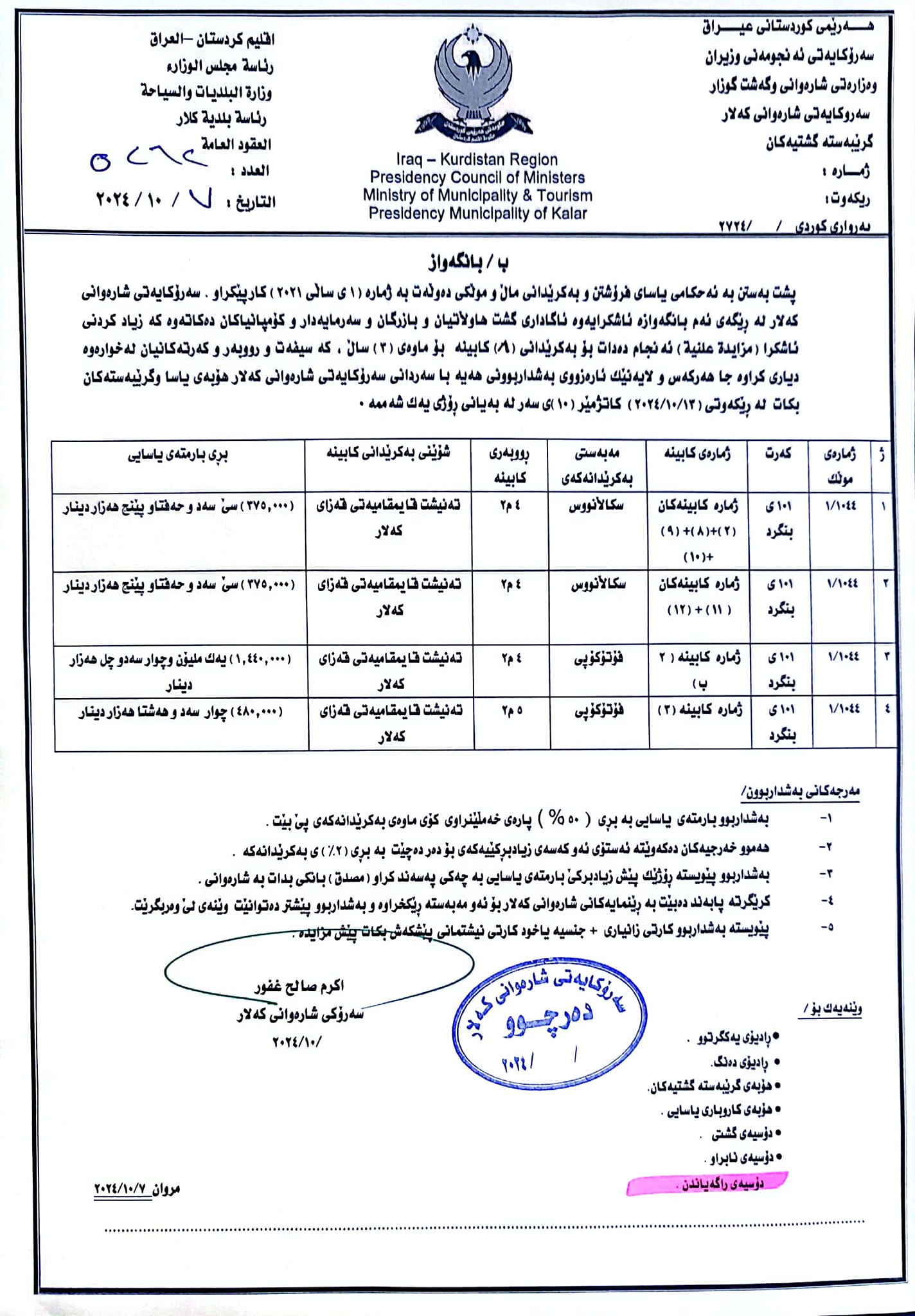 شارەوانیی کەلار ژمارەیەک کابینە بەکرێ دەدات