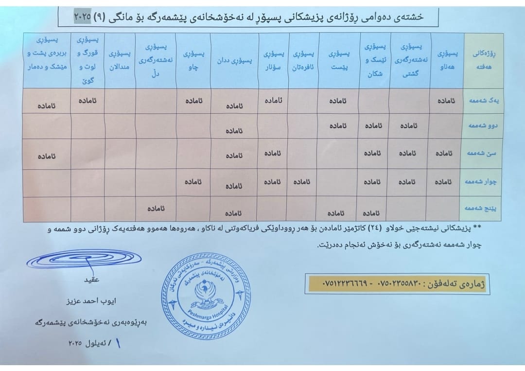 نەخۆشخانەی پێشمەرگە خشتەی مانگی نۆيی بڵاوكردەوە و 24 کاتژمێر ئامادەن
