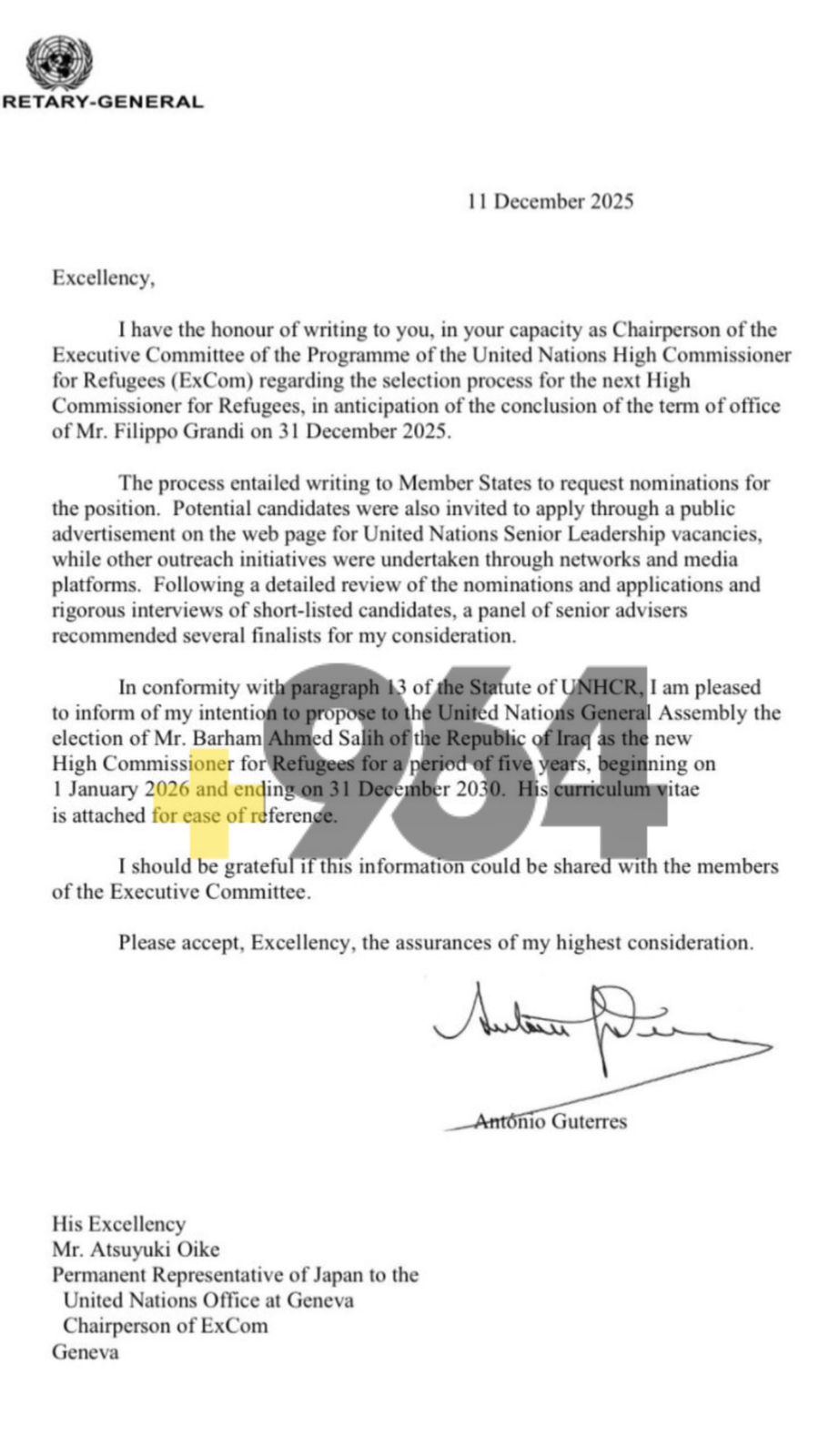 بەرهەم ساڵح بوو بە کۆمسیاری باڵای کاروباری پەنابەران لە نەتەوە یەکگرتوەکان