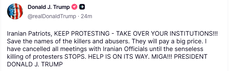 ترەمپ بۆ خەڵکی ئێران: بەردەوام بن یارمەتی لە رێگایە