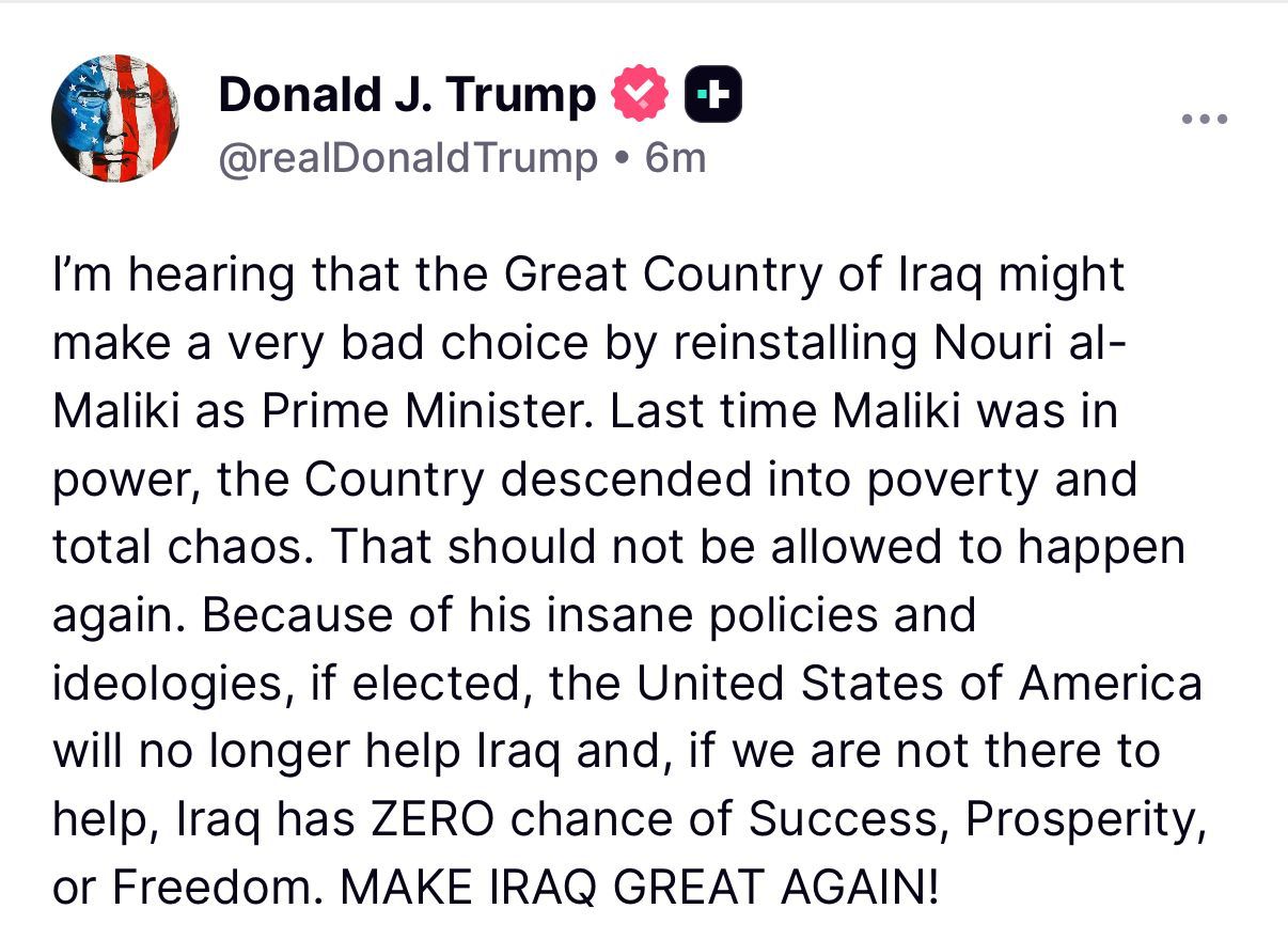 بە فەرمی…ترەمپ رێگە نادات مالیكی ببێتەوە سەرۆک وەزیرانی عێراق