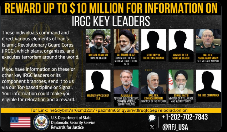 ئەمریکا خەڵاتی 10 ملیۆن دۆلاری بۆ وەرگرتنی زانیاری لەسەر موجتەبا خامنەیی دیاریکرد